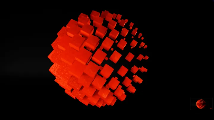 3D render of a red sphere built from cubes that scatter apart toward the right, on a black background