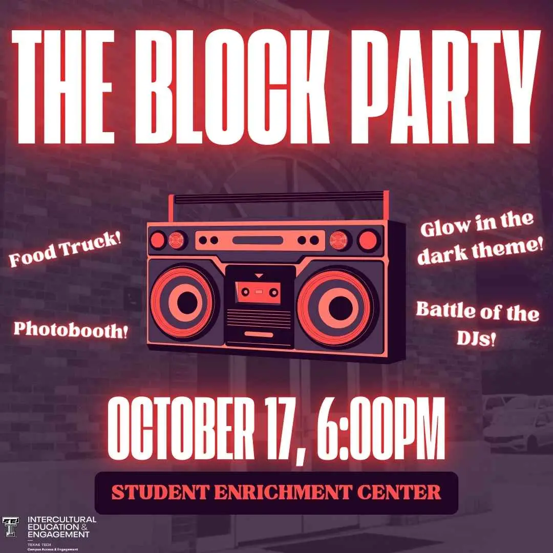 The Block Party flyer, red glowing boombox over brick building, October 17 6pm, Student Enrichment Center The Block Party flyer, red glowing boombox over brick building, October 17 6pm, Student Enrichment Center