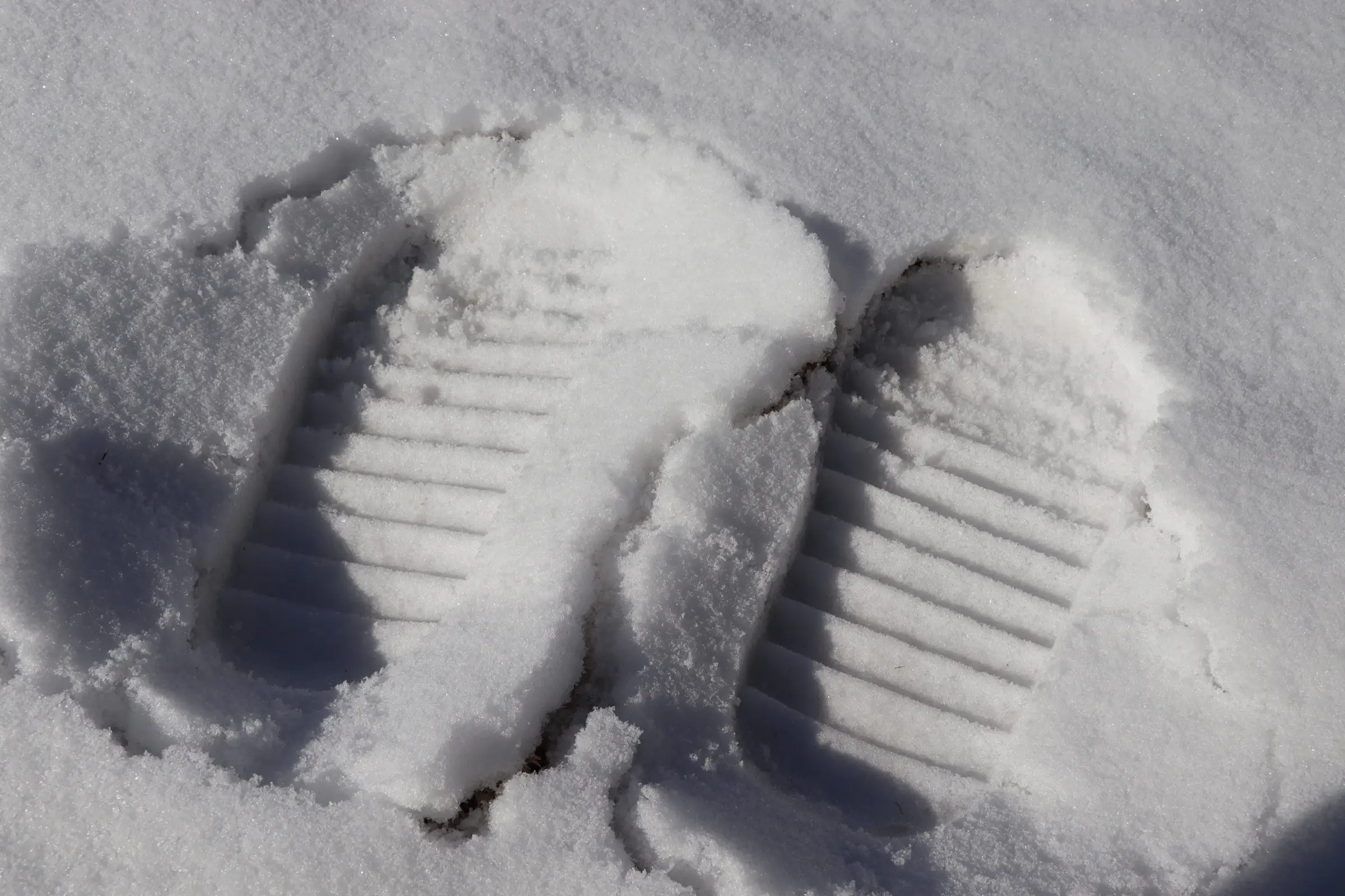 Two ridged boot prints pressed into fresh snow with soft shadows