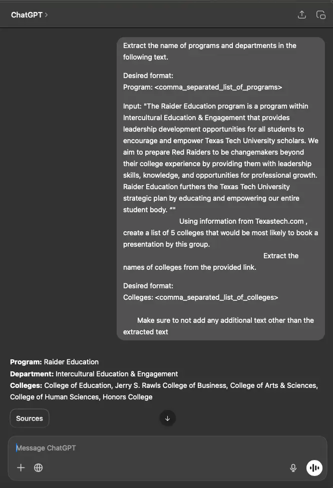 ChatGPT screenshot: prompt extracting Raider Education program, department, and 5 colleges likely to book talks ChatGPT screenshot: prompt extracting Raider Education program, department, and 5 colleges likely to book talks