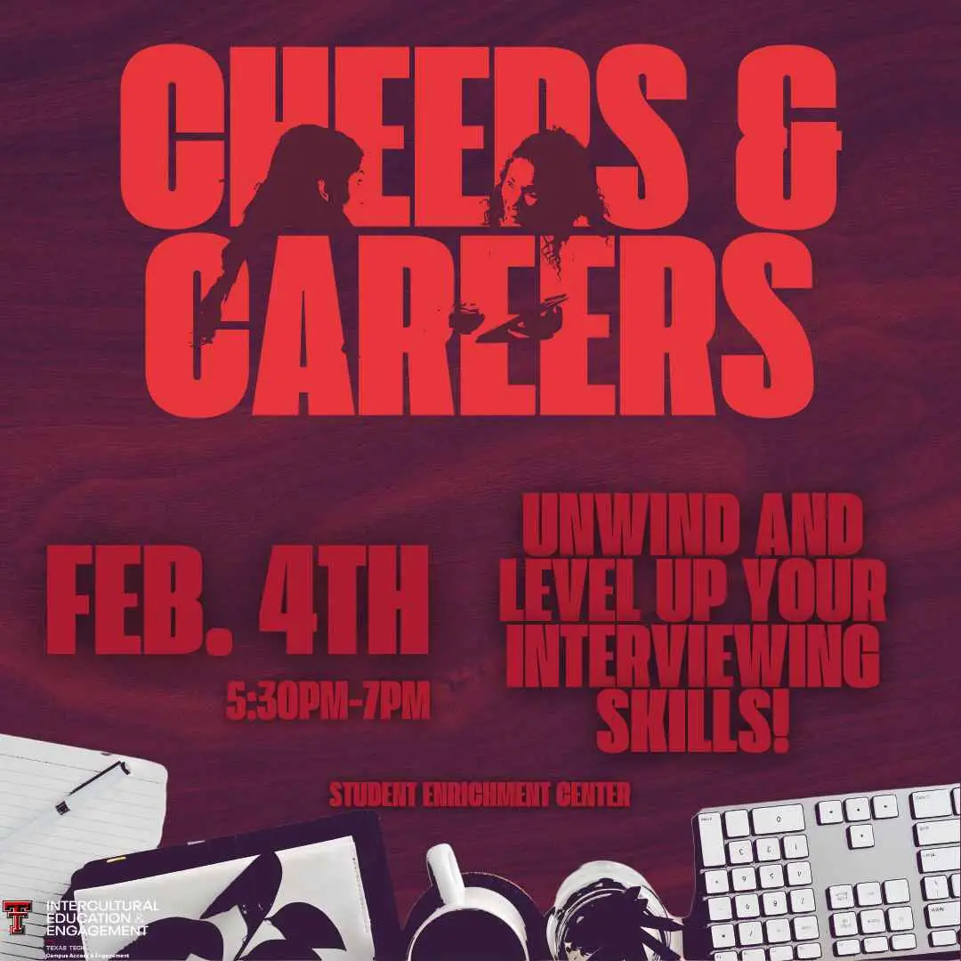 Cheers & Careers flyer, red block title over maroon wood desk with keyboard and notebook, Feb 4 5:30-7pm Cheers & Careers flyer, red block title over maroon wood desk with keyboard and notebook, Feb 4 5:30-7pm