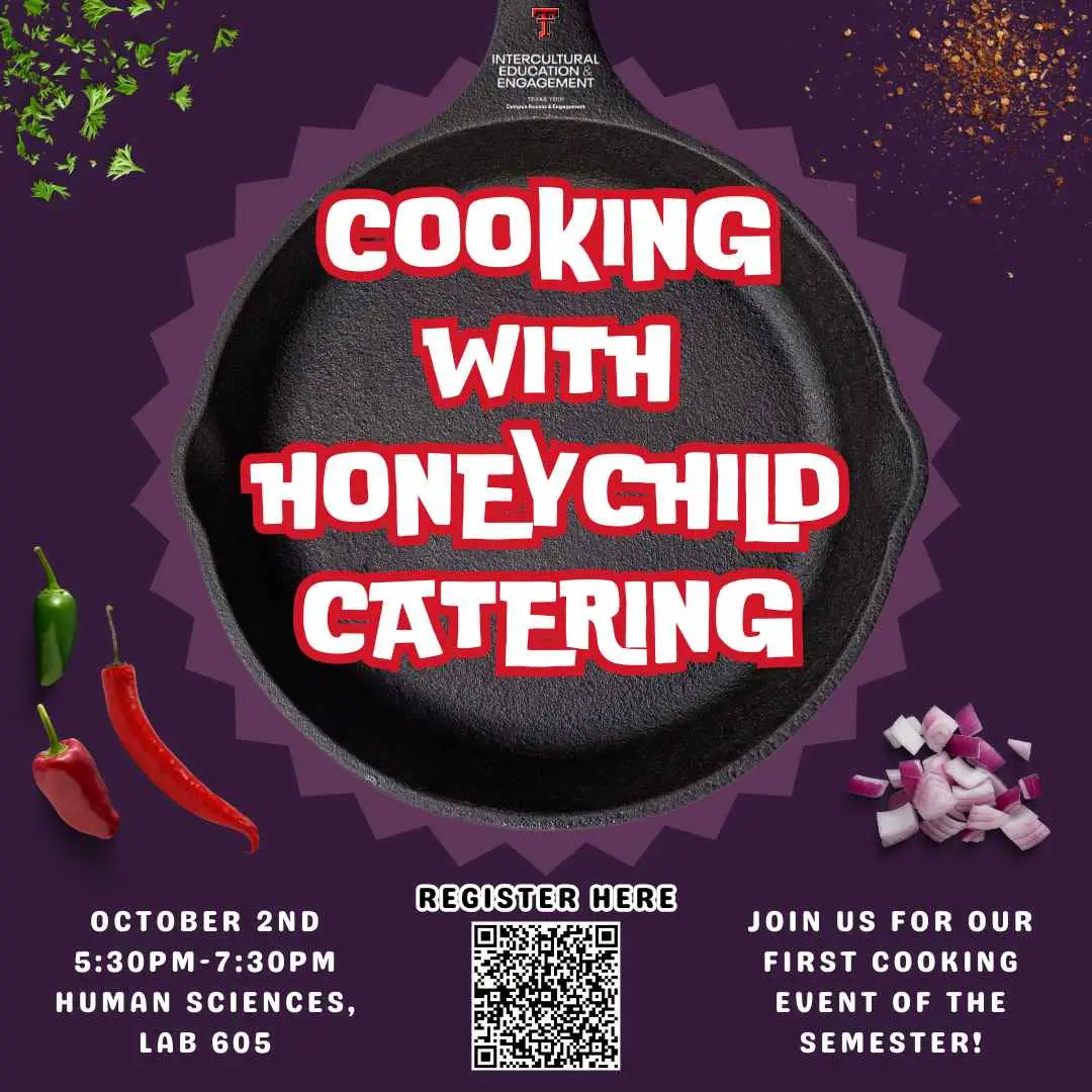 Cooking with Honeychild Catering flyer, Oct 2nd 5:30-7:30 PM, Human Sciences Lab 605, skillet on purple, QR code Cooking with Honeychild Catering flyer, Oct 2nd 5:30-7:30 PM, Human Sciences Lab 605, skillet on purple, QR code
