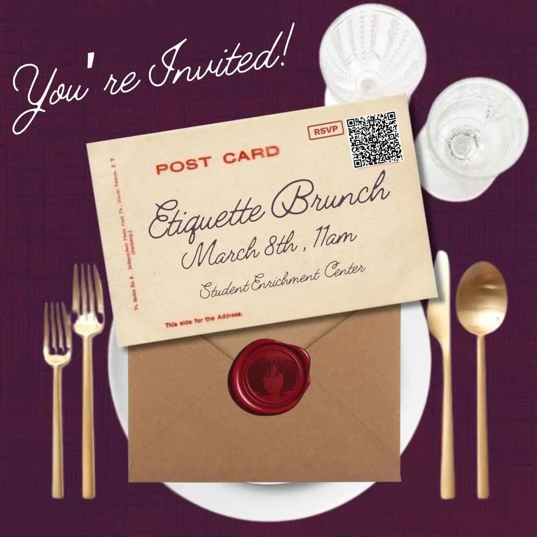 Etiquette Brunch invite: postcard on place setting with gold cutlery, March 8th 11am, Student Enrichment Center Etiquette Brunch invite: postcard on place setting with gold cutlery, March 8th 11am, Student Enrichment Center