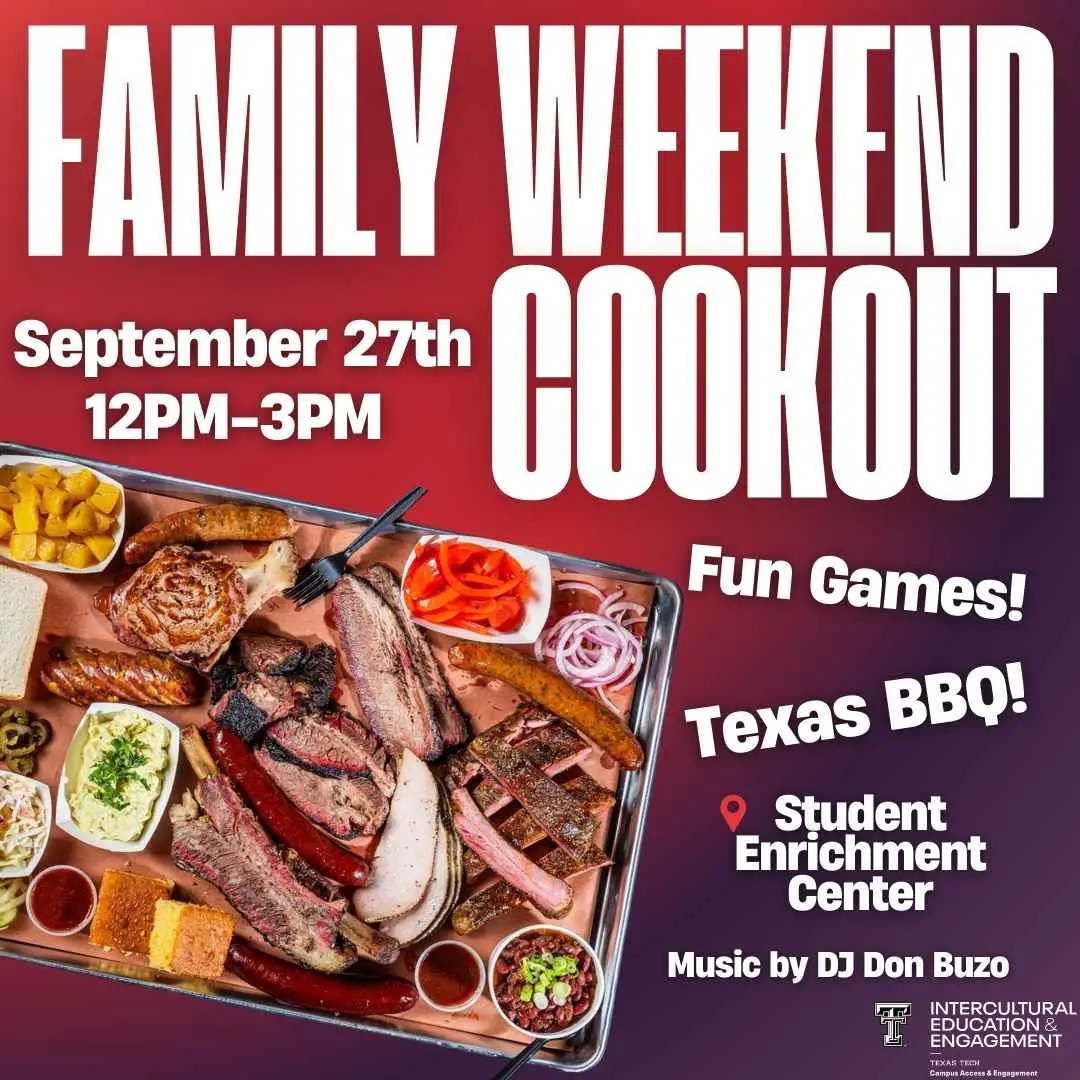 Family Weekend Cookout flyer with Texas BBQ tray on red-purple gradient, Sept 27 12-3pm, Student Enrichment Center Family Weekend Cookout flyer with Texas BBQ tray on red-purple gradient, Sept 27 12-3pm, Student Enrichment Center