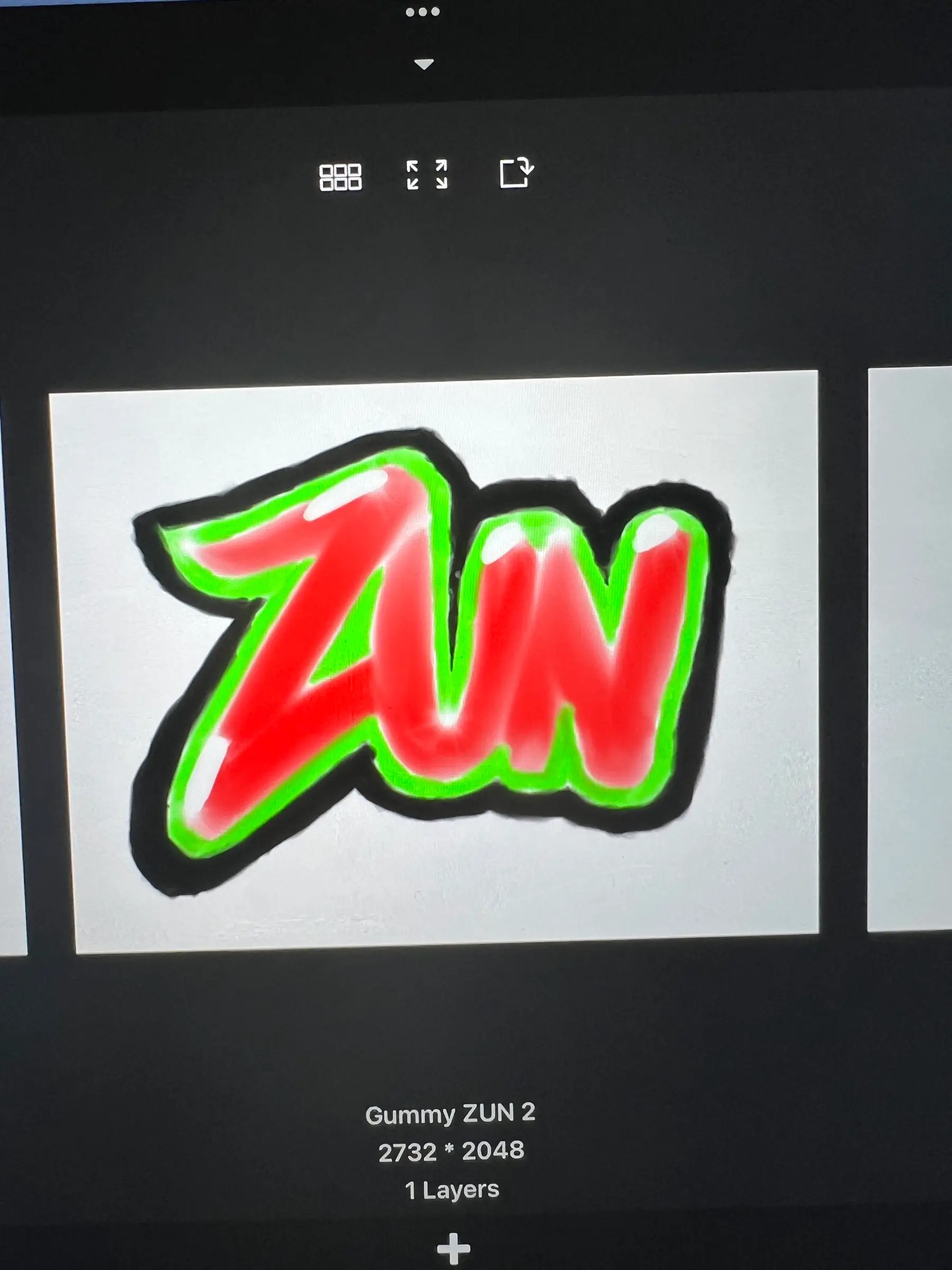 Drawing app gallery showing Gummy ZUN 2: red glossy ZUN lettering with lime-green and black outline
