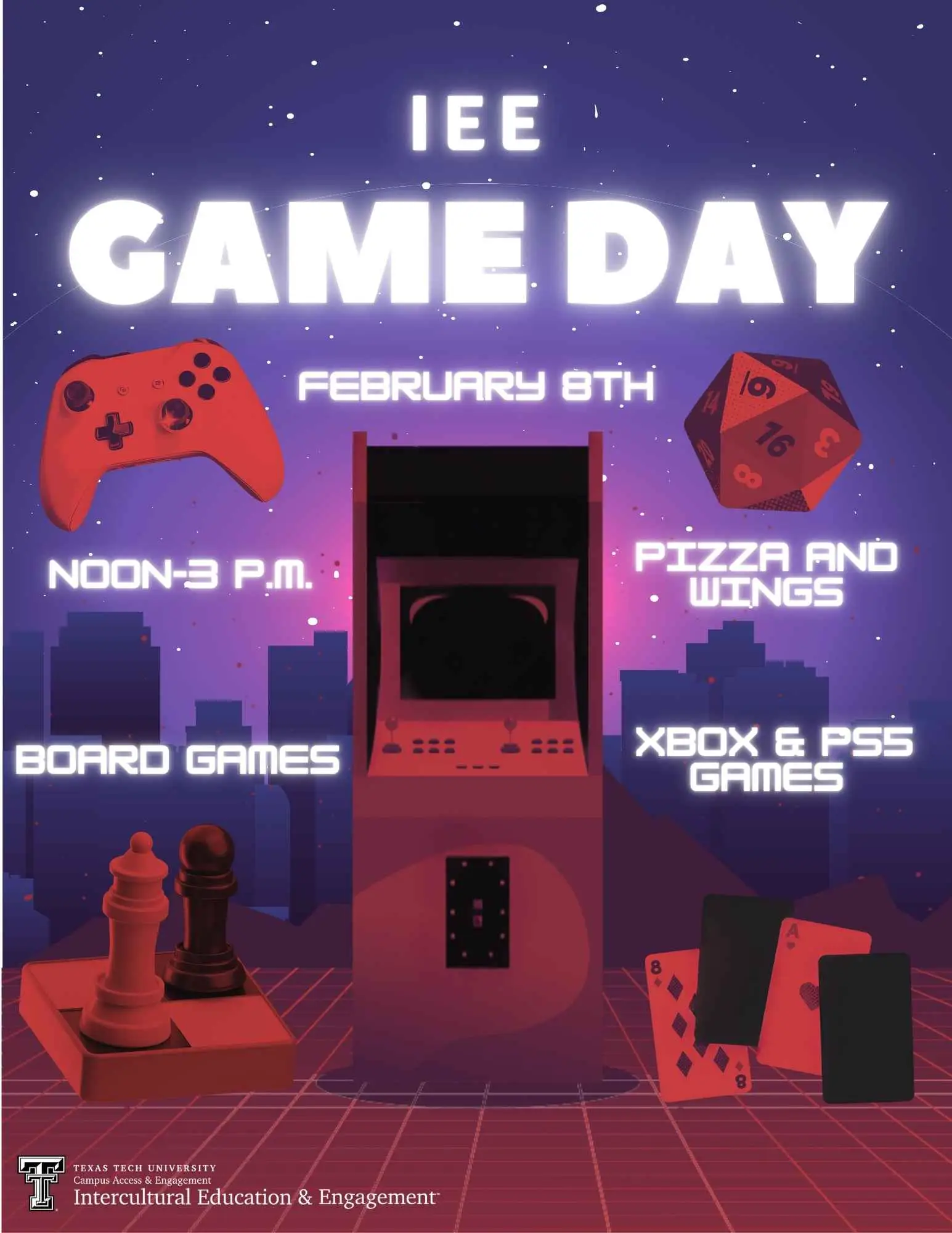 Synthwave IEE Game Day flyer, February 8th noon-3 PM, pizza and wings, arcade cabinet on purple grid Synthwave IEE Game Day flyer, February 8th noon-3 PM, pizza and wings, arcade cabinet on purple grid