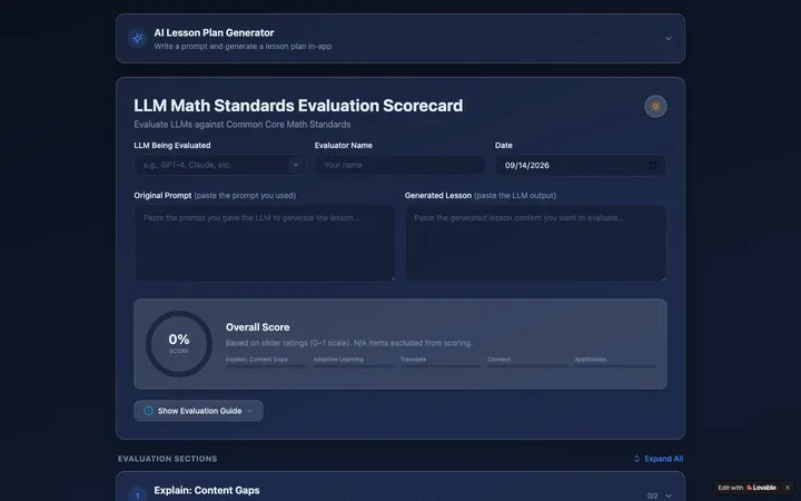 Screenshot of the LLM Math Standards Evaluation Scorecard in dark mode: fields for the LLM being evaluated, evaluator name and date, boxes for the original prompt and the generated lesson, and an Overall Score ring reading zero percent.