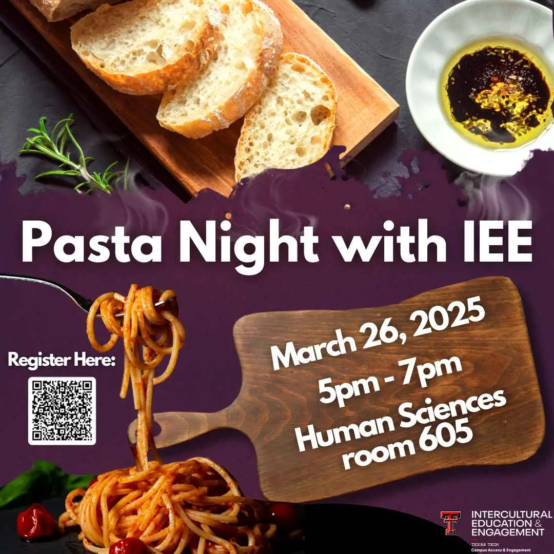 Pasta Night with IEE flyer, bread and spaghetti on purple, March 26 2025 5-7pm, Human Sciences room 605, QR code Pasta Night with IEE flyer, bread and spaghetti on purple, March 26 2025 5-7pm, Human Sciences room 605, QR code