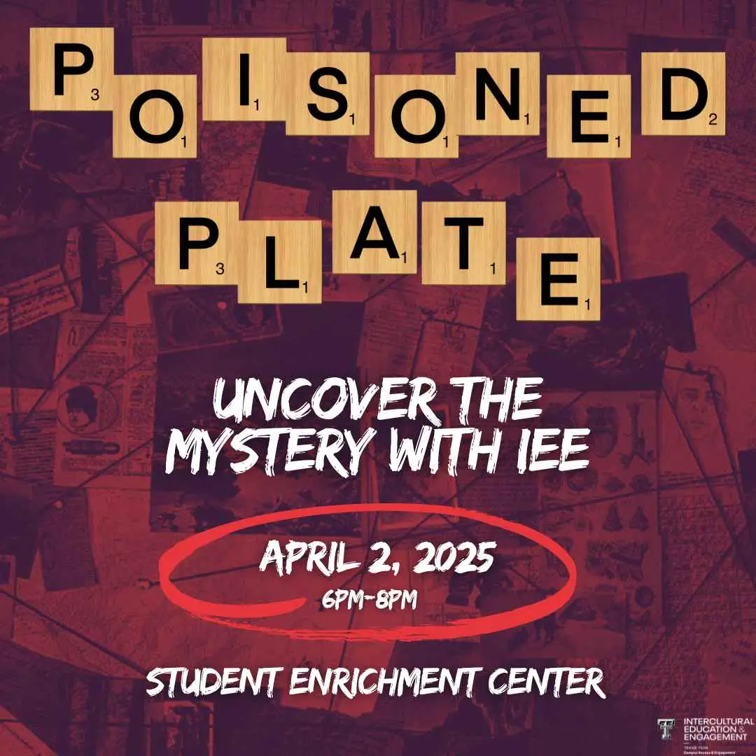Poisoned Plate flyer in Scrabble tiles on red evidence board, April 2 2025, 6-8 PM, Student Enrichment Center Poisoned Plate flyer in Scrabble tiles on red evidence board, April 2 2025, 6-8 PM, Student Enrichment Center