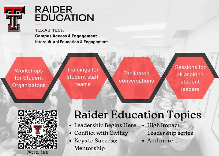 Raider Education handbill, four red hexagon service tiles, topics list and QR code over a grayscale event photo