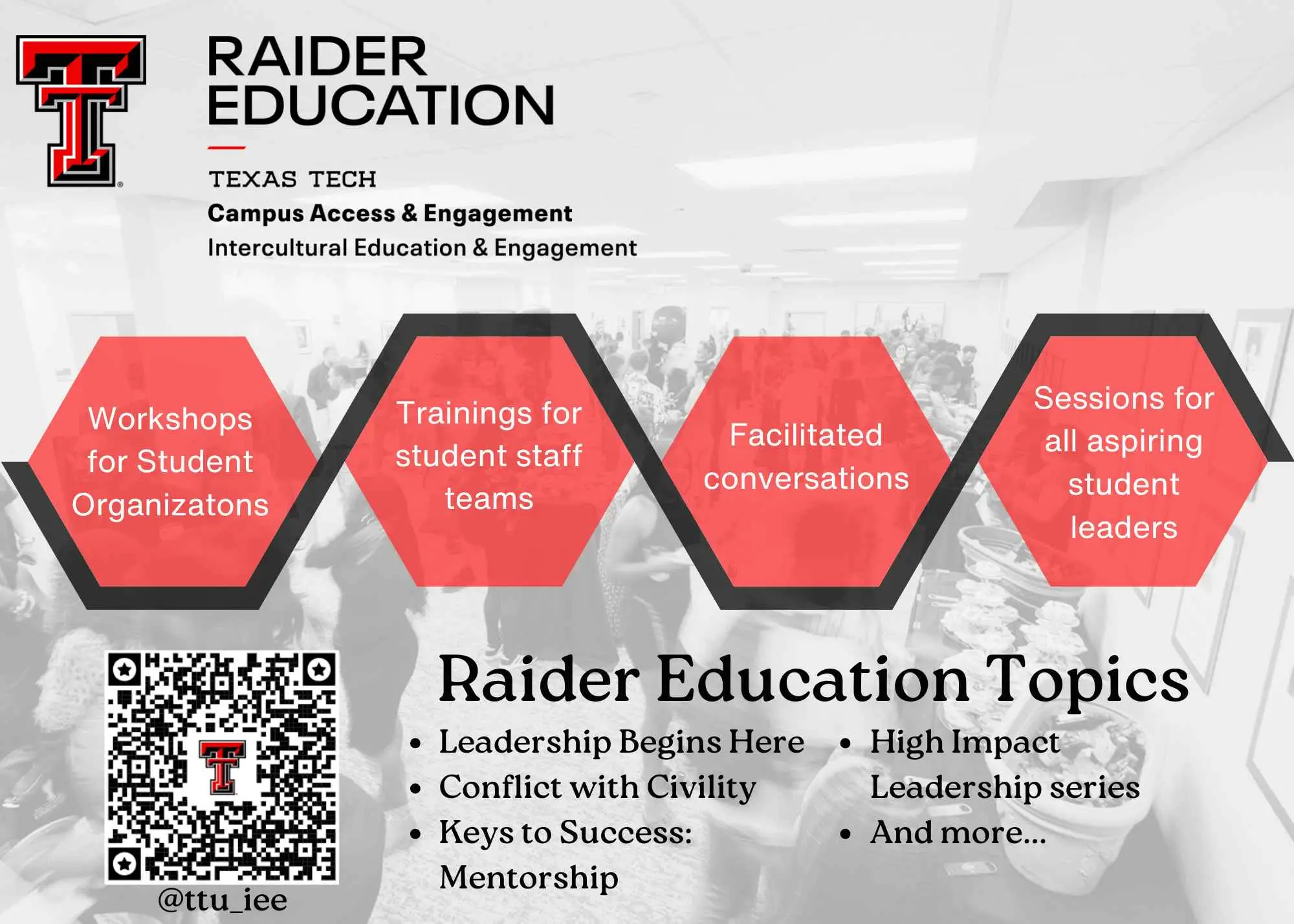 Raider Education handbill, four red hexagon service tiles, topics list and QR code over a grayscale event photo