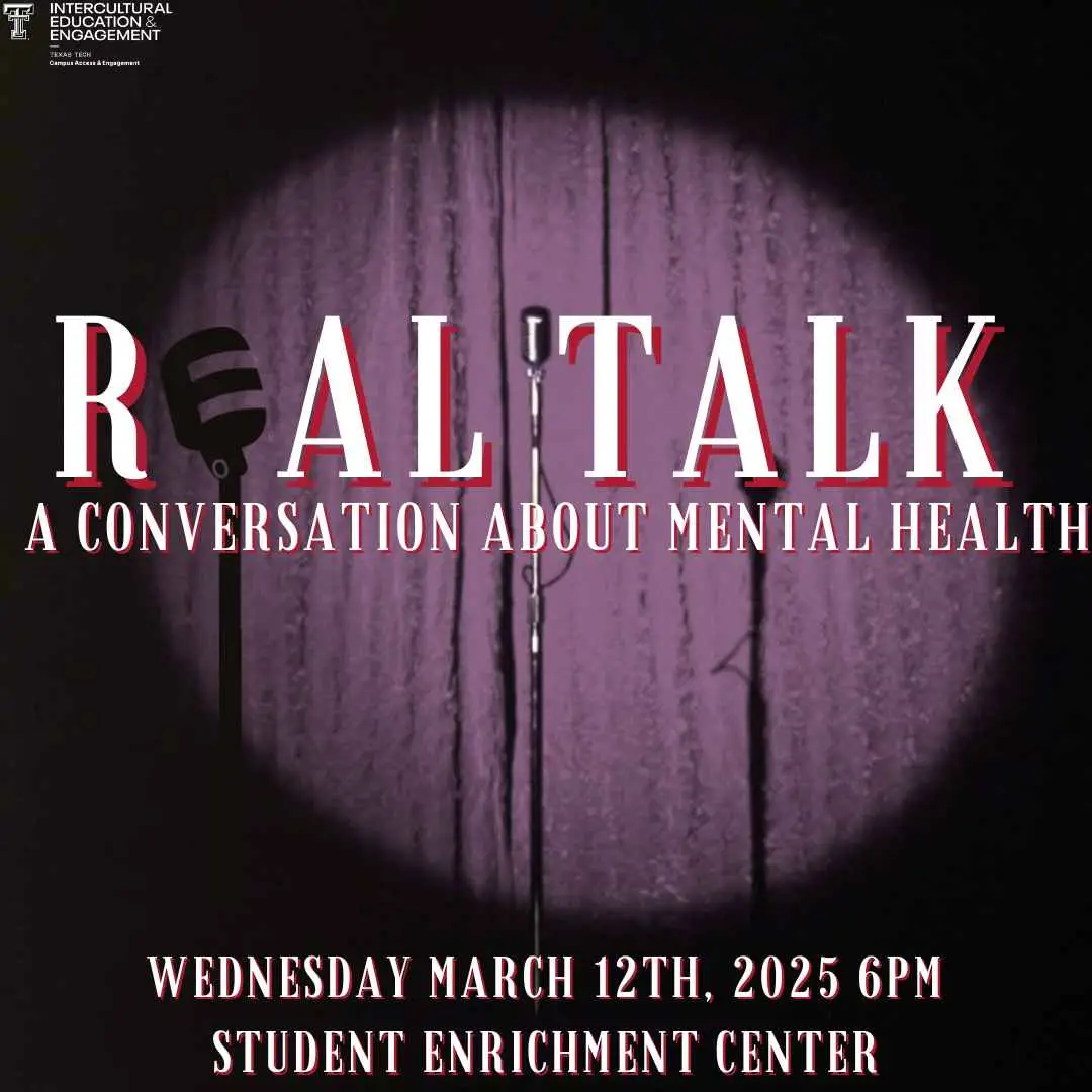 Real Talk mental health flyer, spotlit microphone on purple curtain, March 12 2025 6pm, Student Enrichment Center Real Talk mental health flyer, spotlit microphone on purple curtain, March 12 2025 6pm, Student Enrichment Center