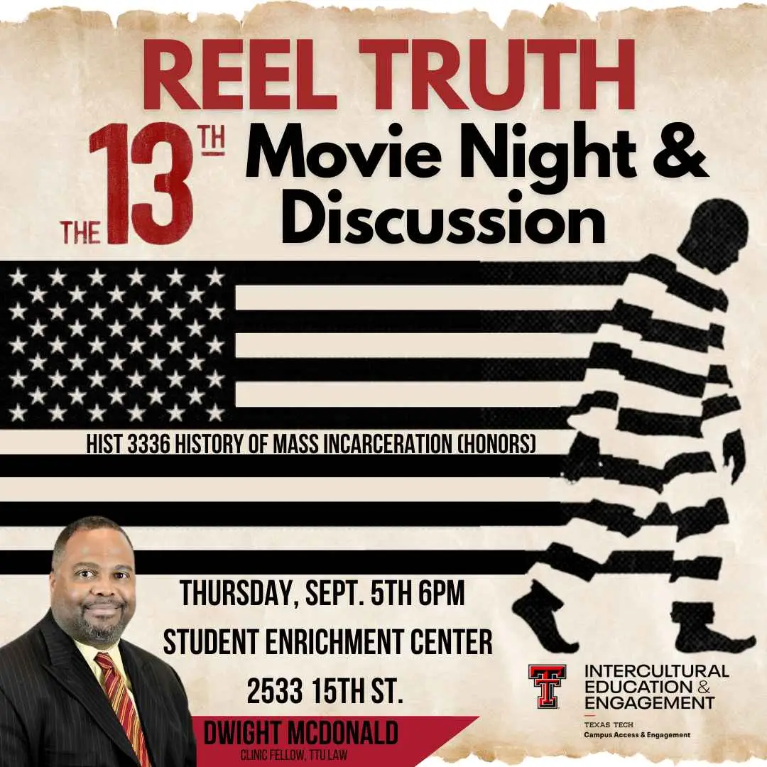 Reel Truth flyer for The 13th movie night, flag and striped figure art, Sept 5 6pm, Student Enrichment Center Reel Truth flyer for The 13th movie night, flag and striped figure art, Sept 5 6pm, Student Enrichment Center
