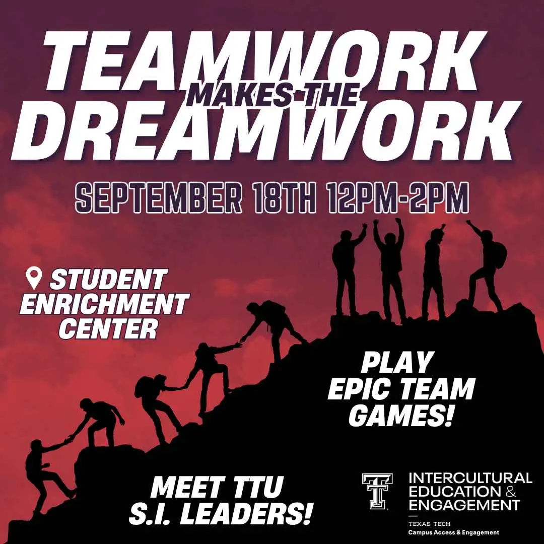 Teamwork Makes the Dreamwork flyer, silhouettes helping each other up a hill on red sky, Sept 18 12-2pm Teamwork Makes the Dreamwork flyer, silhouettes helping each other up a hill on red sky, Sept 18 12-2pm