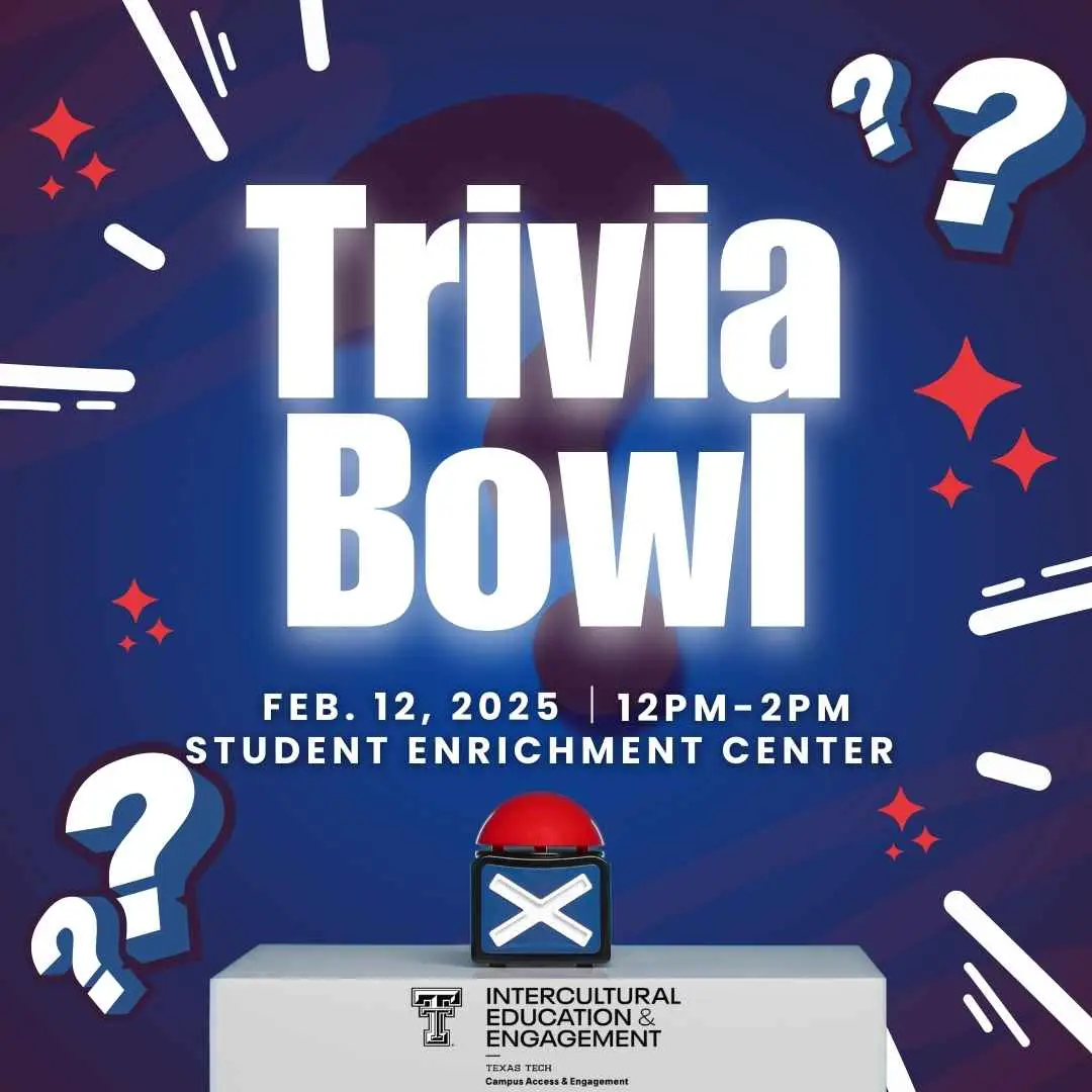 Trivia Bowl flyer, Feb 12 2025, 12-2 PM, Student Enrichment Center, red buzzer on podium, navy and red Trivia Bowl flyer, Feb 12 2025, 12-2 PM, Student Enrichment Center, red buzzer on podium, navy and red